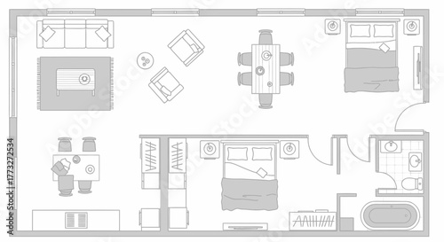 Architectural Layout: A meticulous blueprint showcases a modern home's floor plan, highlighting the functional areas of living.