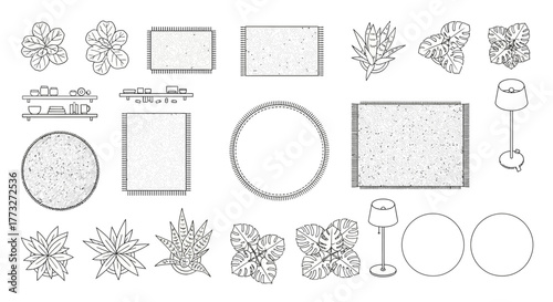 Elegant Interior Elements: A collection of meticulously drawn interior design elements, including plants, frames, and lamps, arranged in an artistic and sophisticated composition.