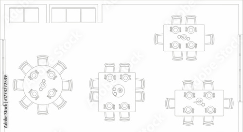 Banquet Hall Layout: An overhead view showcases an intricately designed banquet hall layout, featuring a variety of table arrangements, from circular to rectangular.