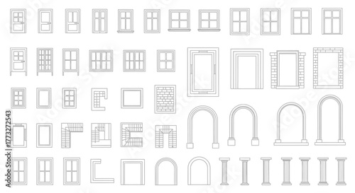 Architectural Elements Set: A collection of architectural elements, meticulously drawn and presented, perfect for design and architectural projects. This detailed set features various windows, doors.