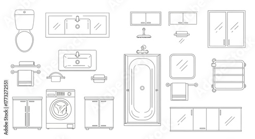 Bathroom fixture essentials: An orderly array of bathroom fixtures, meticulously rendered in stark black lines, creates a clean and organized layout suitable for architectural, design.