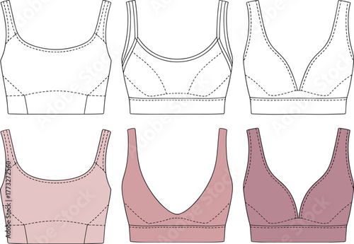 Women sports bra fashion flat sketch, technical CAD drawing vector illustration, activewear top design template, seamless workout bra style