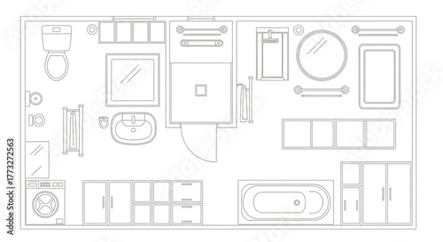 Bathroom layout: A top-down perspective showcases a modern bathroom layout, elegantly displaying the arrangement of essential fixtures and furniture.