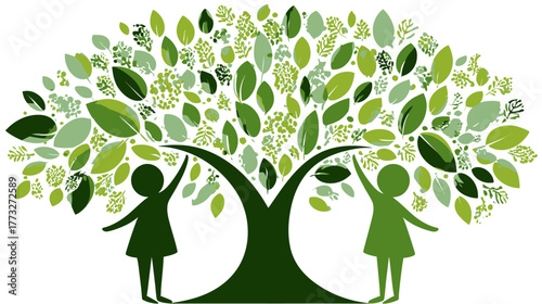Kids caring for a vibrant green tree illustration. Eco-friendly concept for environment protection, nature conservation, and sustainability.