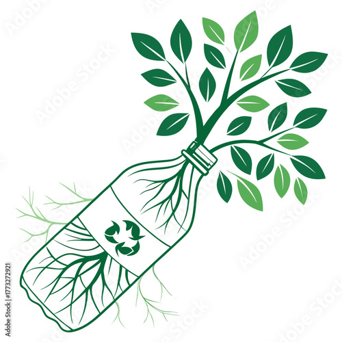 Recycled plastic bottle with plant growing inside