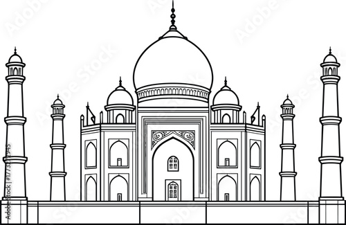 Taj Mahal Mausoleum Landmark Line Art Black and White Vector Illustration