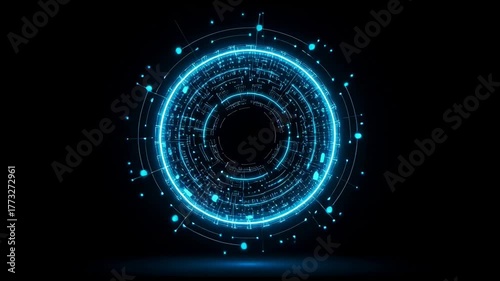 Neon tech circle glowing with futuristic digital elements and abstract blue background, modern high tech