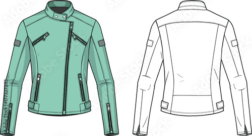 Women’s biker moto jacket technical flat vector with zippers, front and back view fashion template, leather outerwear CAD drawing