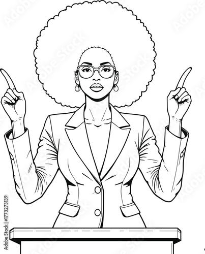 Confident Black Woman Speaker with Afro Hair Pointing Up Line Art Vector
