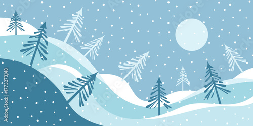 Winter minimalistic landscape, forest and snowfall, setting sun, vector illustration