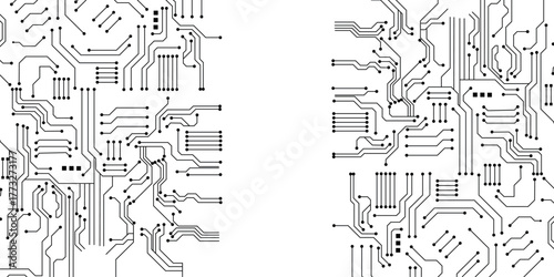 Abstract circuit board background. Technology connected black lines with electronics elements on tech bg.