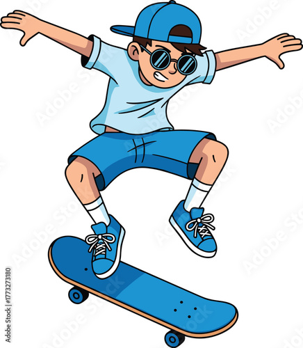 Dynamic Cartoon Boy Jumping Skateboard Trick Mid-Air Vector Illustration