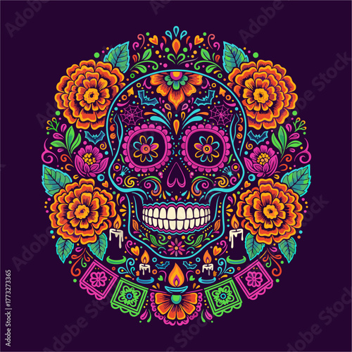 A colorful skull with flowers and candles surrounding it