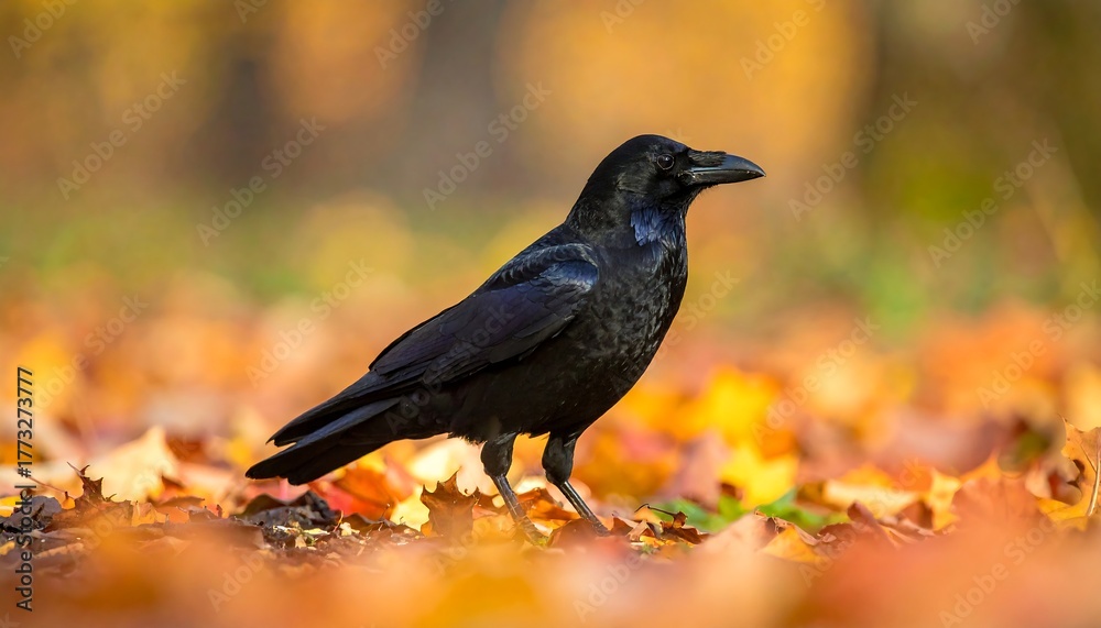 Obraz premium A dark, sleek bird stands amongst fallen autumn leaves