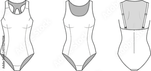 Women’s bodysuit technical flat vector, front and back view fashion template, one-piece lingerie or leotard apparel CAD illustration