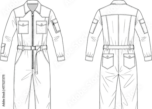 Women’s cargo jumpsuit technical flat sketch, long sleeve belted overall vector template, zip front utility boiler suit fashion drawing