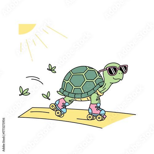 Cool turtle roller skating under summer sun, fun happy vibes for kids