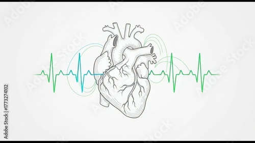Heart anatomy illustration with electrocardiogram line showing human physiology, medical science concept, healthy rhythm, and health clean white