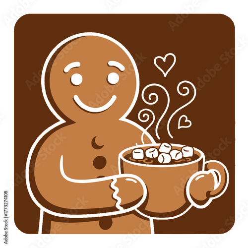 Cute gingerbread man enjoying hot chocolate with marshmallows and hearts