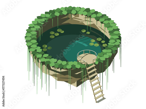 Isometric jungle cenote cave, round water hole with wooden platform stairs, dangling vines, limestone rim, adventure travel vector