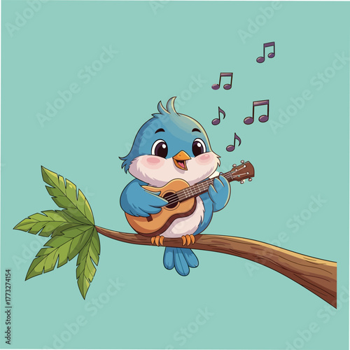 Adorable cartoon bird serenading with ukulele on tropical tree branch