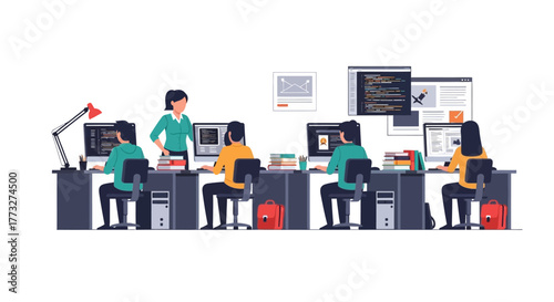 Dynamic team collaborating on coding project with mentorship in modern workspace perfect for tech startup visuals and educational materials about software development