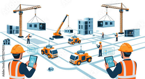 Modern construction site with crane lifting prefab units and engineers using tablets for project management, a dynamic construction solution for builders
