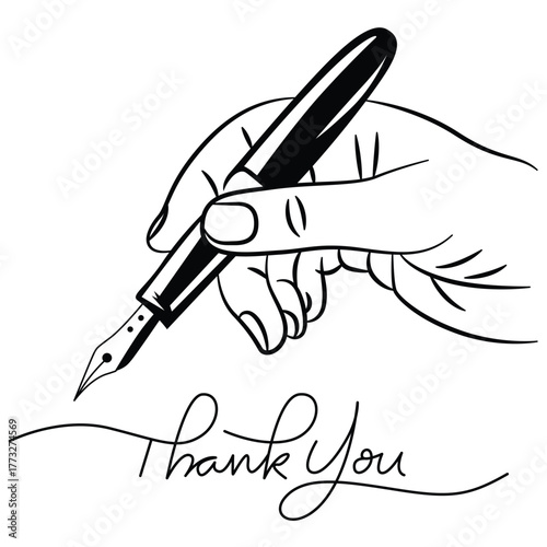 Hand holding a fountain pen writing the words thank you elegantly