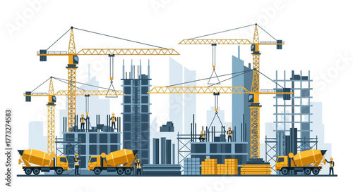 Dynamic construction site bustling with activity, cranes towering above modern building development, promising urban growth and skilled labor at work