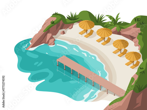 Secluded cove beach, curved shoreline with pier, umbrellas under cliffs, lush greenery, crystal water, vacation destination, vector illustration