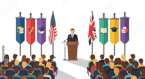 Dynamic speaker addressing audience with American and British flags, banners representing education, perfect for international conference promotions