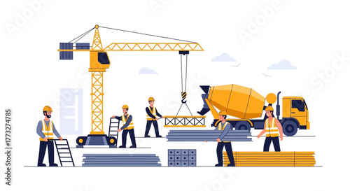 Dynamic construction site bustling with activity, featuring diligent workers, cement truck, and crane creating a modern urban landscape, perfect for architecture firms