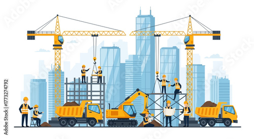 Dynamic construction site scene with workers, cranes, and heavy equipment against a modern cityscape backdrop, perfect for architecture and infrastructure projects