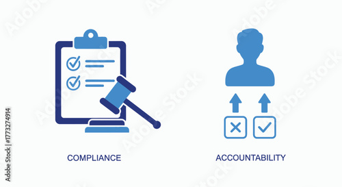 Vector illustration of compliance and accountability icons clipboard with checklist and gavel, and a person icon with arrows and checkmarks