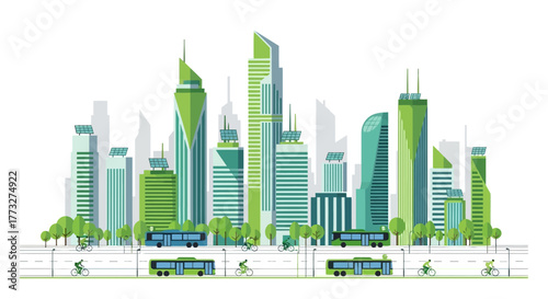 Modern eco-friendly city skyline with green buildings, solar panels, electric buses and cyclists showing a commitment to sustainability and clean energy