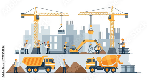 Dynamic construction site scene with workers, cranes, and trucks showcasing teamwork and progress in building a modern urban landscape project