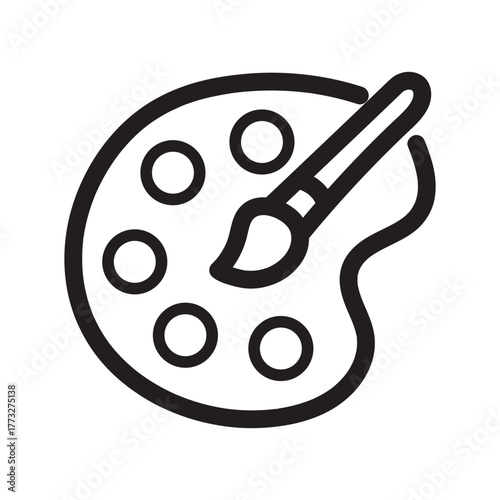 A simple black and white line icon of an artist's paint palette with a paintbrush, symbolizing creativity and art.