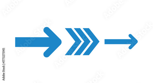 Vector illustration of blue arrow icon set showing a progression of steps, the arrows are pointing to the right, indicating forward movement