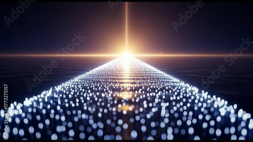 Futuristic business conceptual scene with glowing pathway of lights and light dots leading to bright horizon, symbolizing innovation, progress