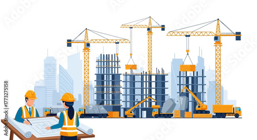 Dynamic construction site illustration showing builders reviewing plans, cranes, and trucks building a modern urban skyline for real estate and architecture firms