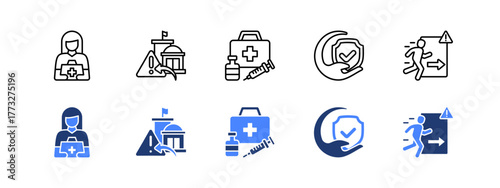 First aid, Crisis, Emergency kit, Protective measures, Preparedness with two styles, line and duotone icon.
