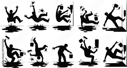 Silhouette man slipping, falling accident, wet floor hazard, paint spill danger, workplace injury, safety warning, caution sign, vector illustration, black icon