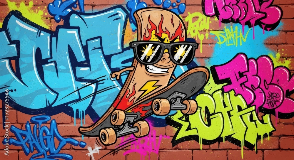 Fototapeta premium Cool Skateboard Character with Sunglasses on Graffiti Wall.