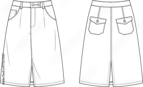 Women’s denim skirt fashion flat, front and back CAD drawing, pocket details, technical apparel sketch, vector clothing template