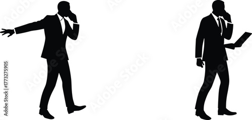 Business silhouettes, professional posture, phone call gesture, laptop usage, multitasking, corporate attire, communication, workplace behavior, standing, walking, technology, office