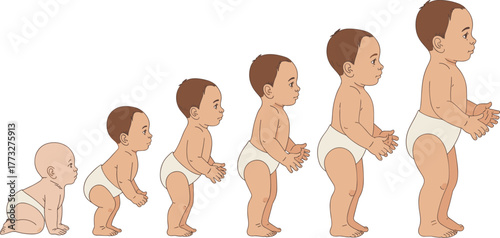 Baby Boy Development Stages from Crawling to Standing and Learning to Walk Vector Illustration