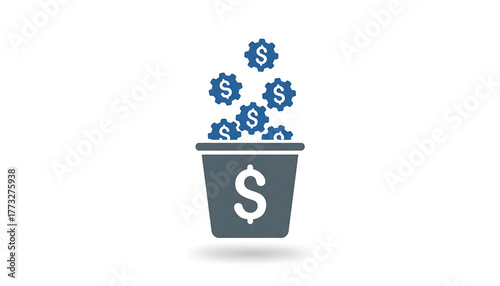 Vector of bucket with money coins. Icon of revenue. Symbol of investments and profits
