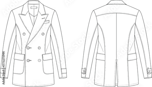 Women’s double-breasted blazer CAD fashion flat, front and back technical sketch, vector jacket template with pockets, tailored design