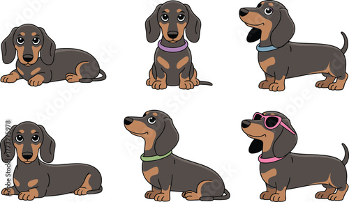 Set of Cute Black and Tan Dachshund Dogs in Various Poses and Expressions Vector Illustration