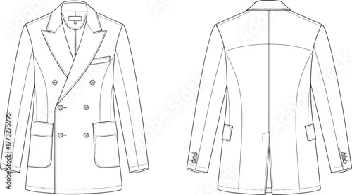 Women’s double-breasted blazer technical flat, tailored jacket CAD drawing vector, welt chest pocket, fashion apparel template front back
